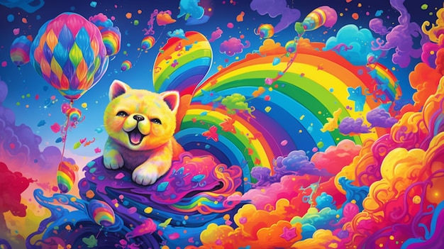 Gemälde eines Hundes auf einer Regenbogenwolke mit einem Regenbogenballon, generative KI