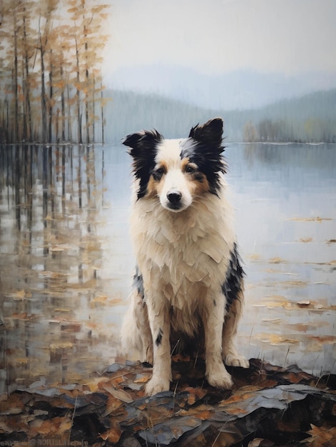Gemälde eines Hundes, der auf einem Felsen an einem See sitzt, generative KI