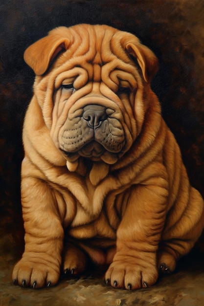 Gemälde eines Hundes, der auf einer braunen Oberfläche mit schwarzem Hintergrund sitzt
