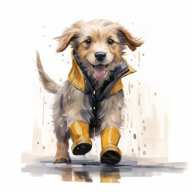 Foto gemälde eines hundes, der einen regenmantel und stiefel trägt und im regen rennt