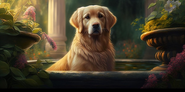 Gemälde eines Hundes, der in einem Brunnen mit Blumen sitzt, generative KI