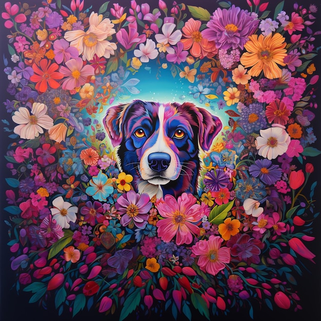 Gemälde eines Hundes, der von Blumen und Blättern umgeben ist