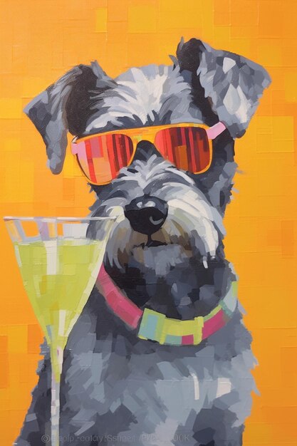 Gemälde eines Hundes mit Sonnenbrille und einem Martini-Glas