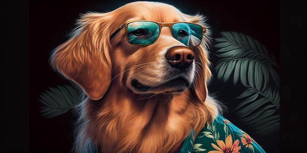 Gemälde eines Hundes mit Sonnenbrille und generativem Hawaii-Druck