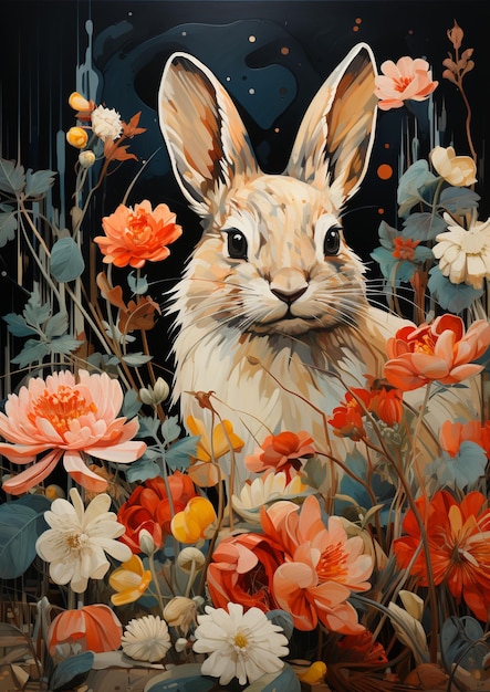 Gemälde eines Kaninchen auf einem Blumenfeld mit dunklem Hintergrund generativ ai