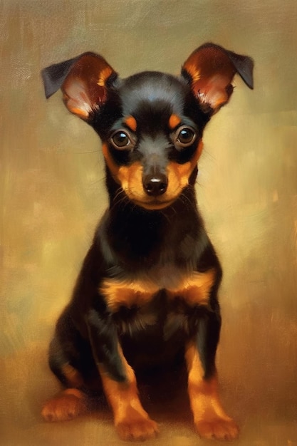 Gemälde eines kleinen Hundes, der auf einer braunen Oberfläche sitzt