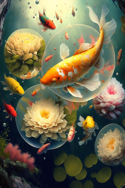 Gemälde eines Koi-Fisches in einem Teich mit Seerosen, generative KI