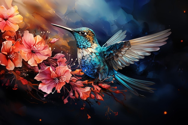 Gemälde eines Kolibri, der über einen mit Blumen gefüllten Zweig fliegt, generative KI