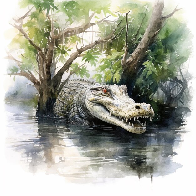Foto gemälde eines krokodils im wasser mit bäumen und sträuchern im hintergrund generativ ai