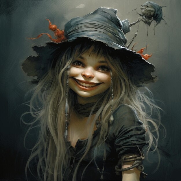 Gemälde eines lächelnden Mädchens, das einen Hexenhut trägt und einen generativen Vogel in der Hand hält