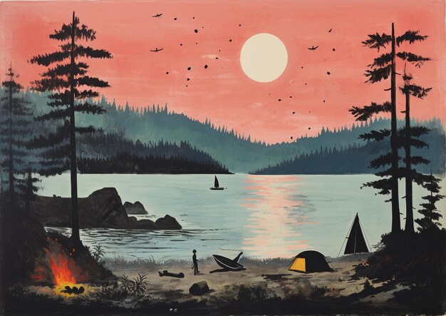 Gemälde eines Lagerfeuers und eines Bootes auf einem See mit einem Sonnenuntergang