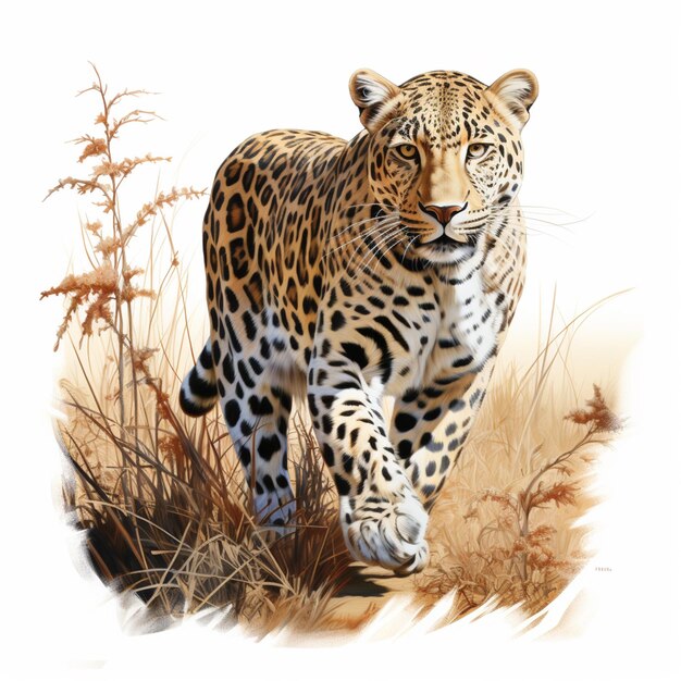 Foto gemälde eines leoparden, der auf einem weißen hintergrund durch das gebüsch geht