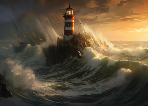 Gemälde eines Leuchtturms auf einer felsigen Klippe im Ozean