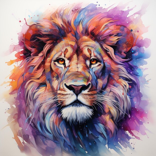 Gemälde eines Löwen mit farbenfroher Mähne und einem leuchtend roten Auge
