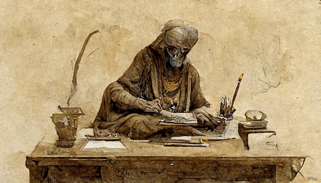 Gemälde eines Mannes, der an einem Schreibtisch sitzt und generative KI schreibt