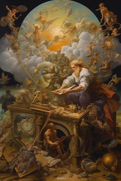 Gemälde eines Mannes, der auf einem Tisch sitzt und von Engeln umgeben ist