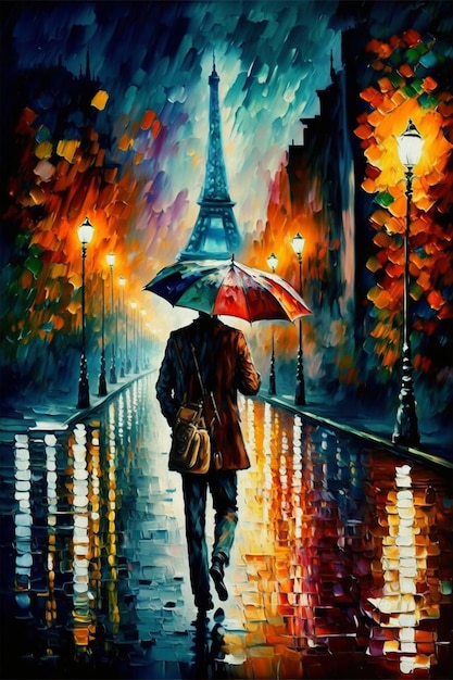 Gemälde eines Mannes, der im Regen mit einem generativen ai-Regenschirm spazieren geht