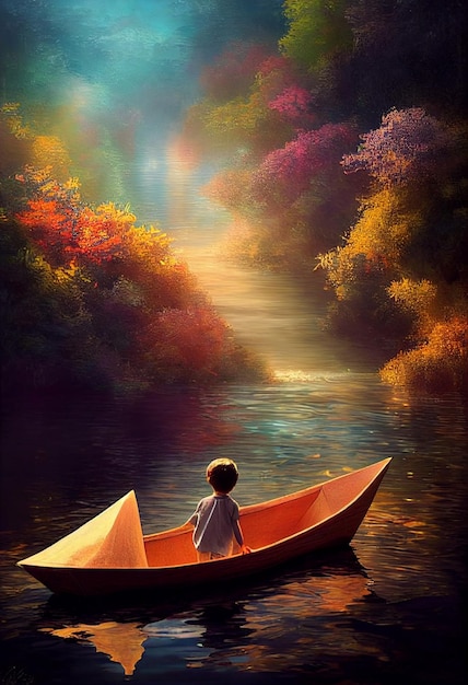 Gemälde eines Mannes im Boot auf dem Fluss mit Bäumen im Hintergrund, generative KI