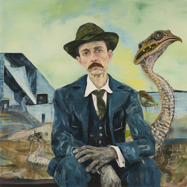 Gemälde eines Mannes in Anzug und Hut mit einer Schlange
