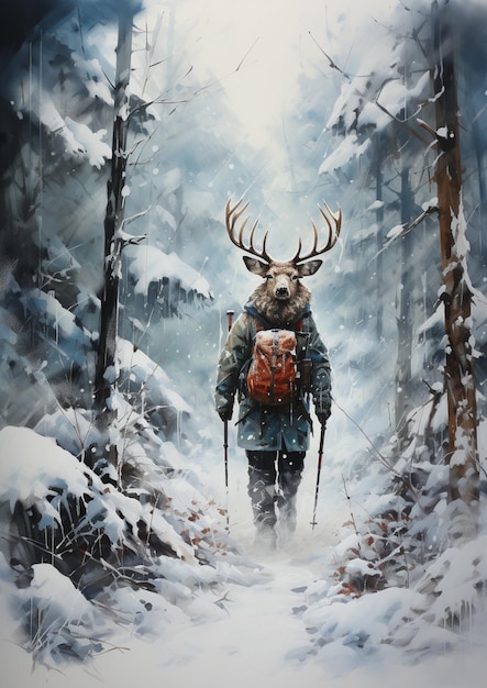 Gemälde eines Mannes mit Rucksack und einem Reh im Wald generativ ai