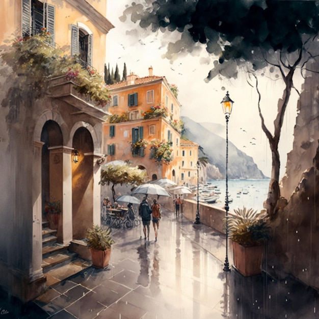 Gemälde eines Paares, das mit einem Regenschirm generative KI eine Straße entlang geht
