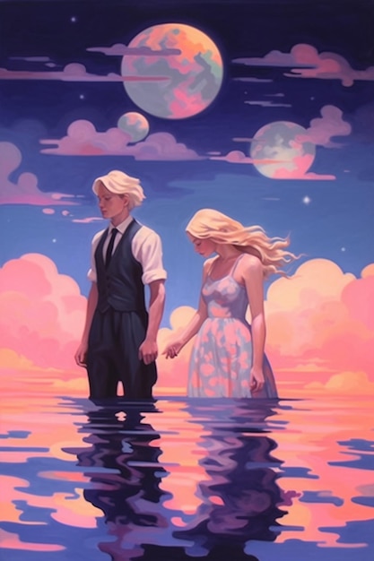 Gemälde eines Paares, das sich nachts im Wasser die Hände hält