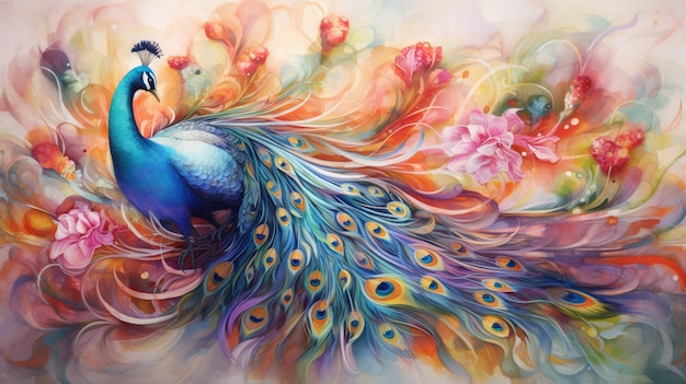 Gemälde eines Pfauens mit bunten Federn und Blumen im Hintergrund generativ ai
