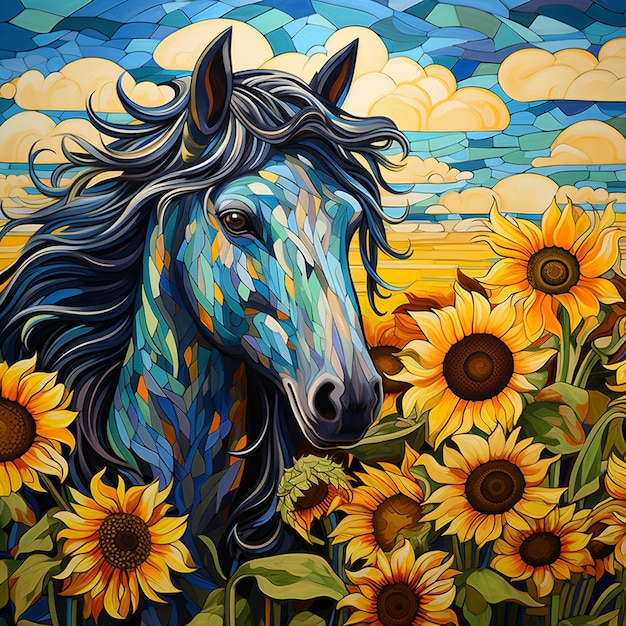 Gemälde eines Pferdes auf einem Sonnenblumenfeld mit einem Himmel als Hintergrund