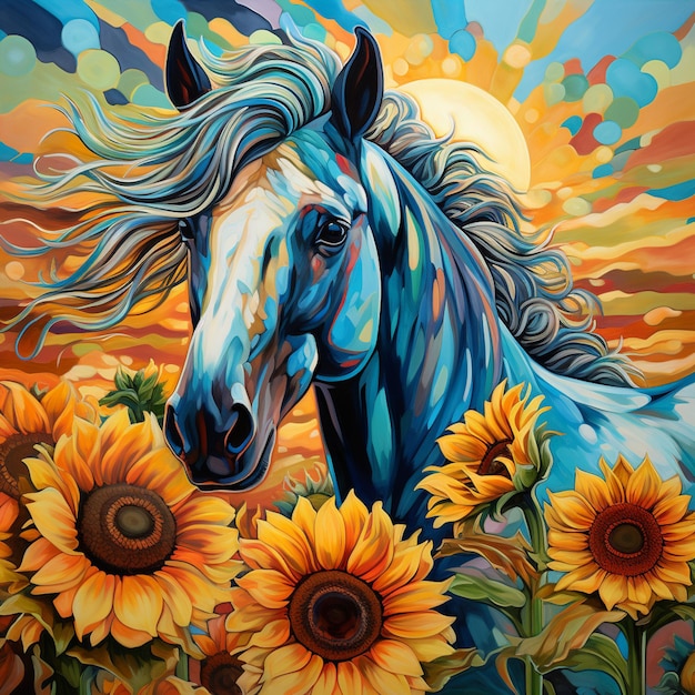 Gemälde eines Pferdes auf einem Sonnenblumenfeld mit einem Himmel als Hintergrund