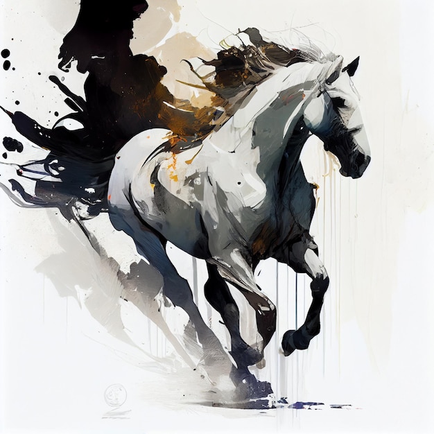 Gemälde eines Pferdes, das mit einem Mann im Hintergrund rennt