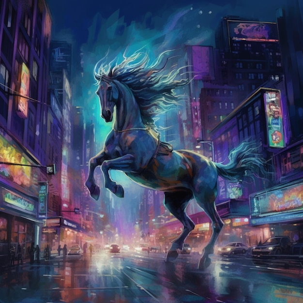 Gemälde eines Pferdes in der Stadt bei Nacht, generative KI