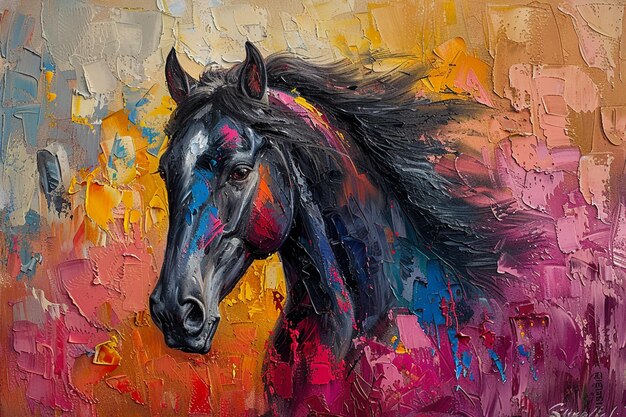 Gemälde eines Pferdes mit einer schwarzen Mähne und einer rosa Mähne generativ ai
