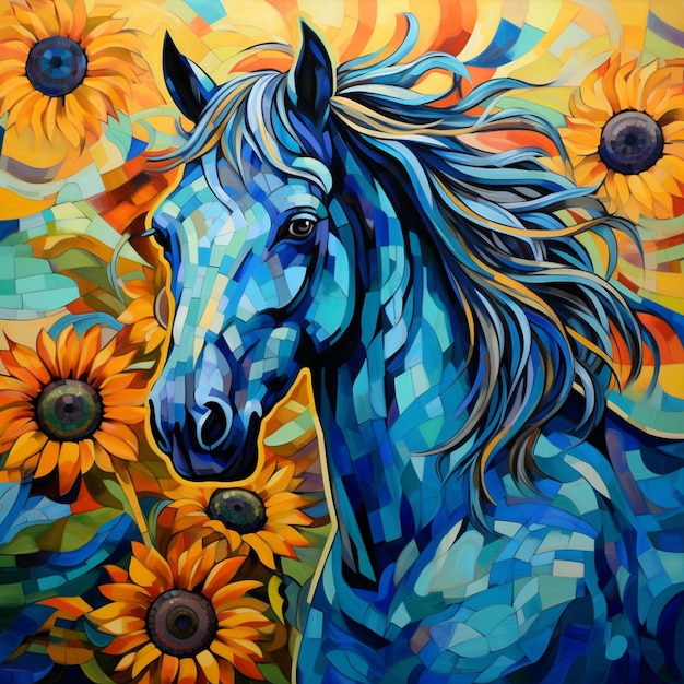 Gemälde eines Pferdes mit Sonnenblumen im Hintergrund generativ ai