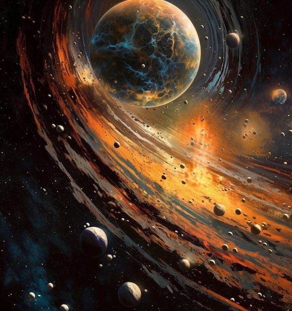 Gemälde eines Planeten mit einer Spirale von Sternen und Planeten generativ ai