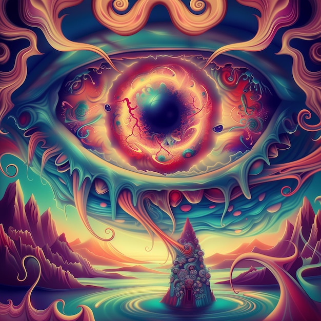 Gemälde eines psychedelischen Auges mit einem Berg im Hintergrund generativ ai