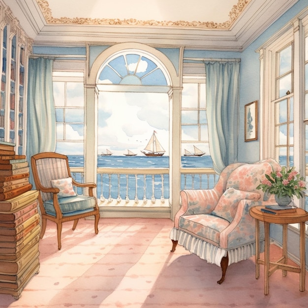 Gemälde eines Raumes mit Blick auf den Ozean und ein Segelboot generative ai