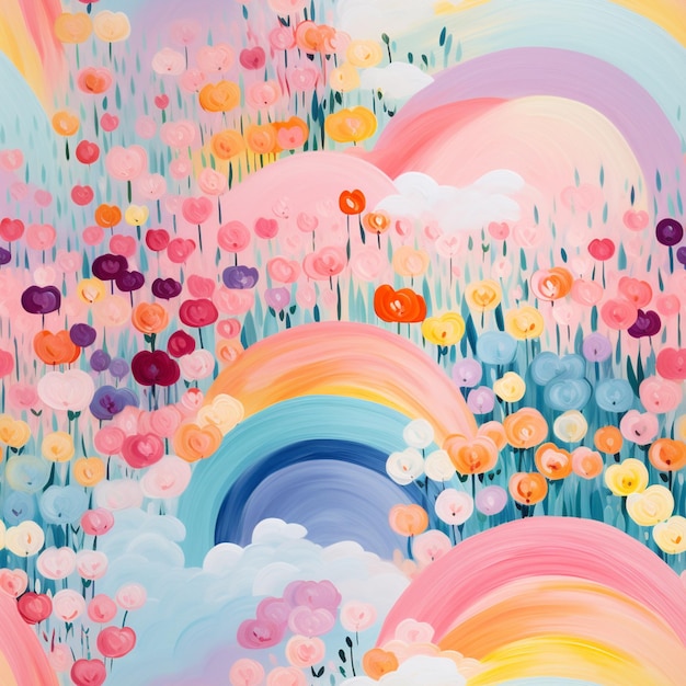Gemälde eines Regenbogens und von Blumen mit himmlischem Hintergrund