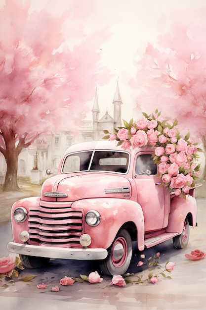 Gemälde eines rosa Lastwagens mit Blumen im Bett generativ ai