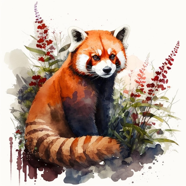 Gemälde eines roten Pandas, der mit Blumen im Gras sitzt