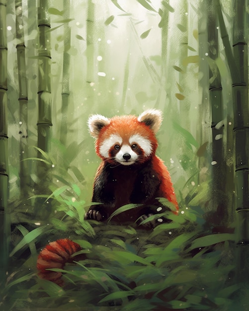 Gemälde eines roten Pandas, der mitten in einem generativen Wald sitzt