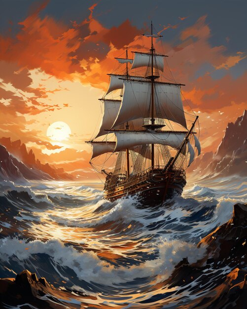 Gemälde eines Schiffes im Ozean mit einem Sonnenuntergang im Hintergrund generativ ai
