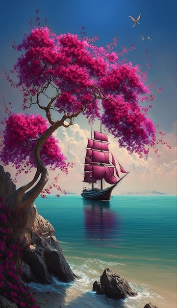 Gemälde eines Schiffes mit rosa Blumen und einem Baum