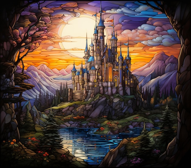 Gemälde eines Schlosses in einem Wald mit einem Fluss und Bergen generative ai