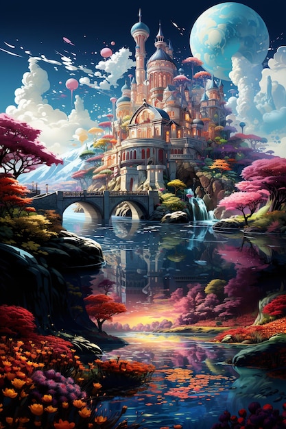 Gemälde eines Schlosses in einer Fantasie-Welt mit einem Wasserfall generative ai