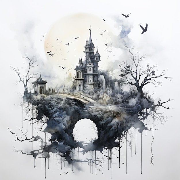 Gemälde eines Schlosses mit einer Brücke und einem Vogel, der darüber fliegt