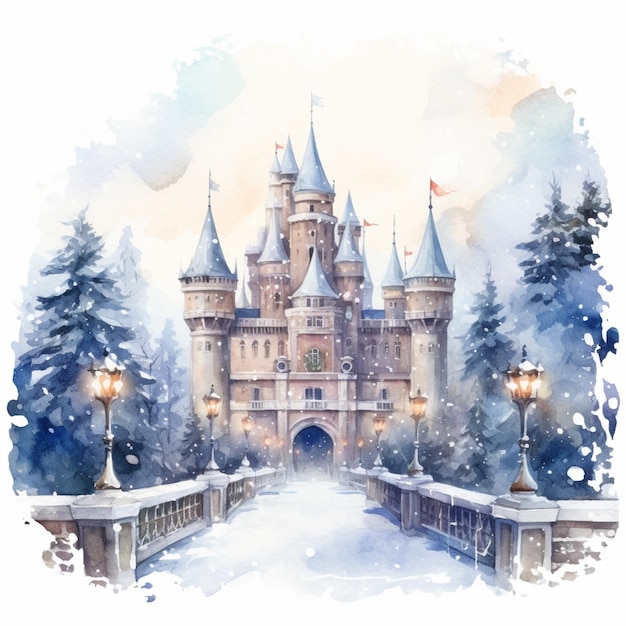 Gemälde eines Schlosses mit einer Brücke und Straßenlichtern im Schnee generative ai