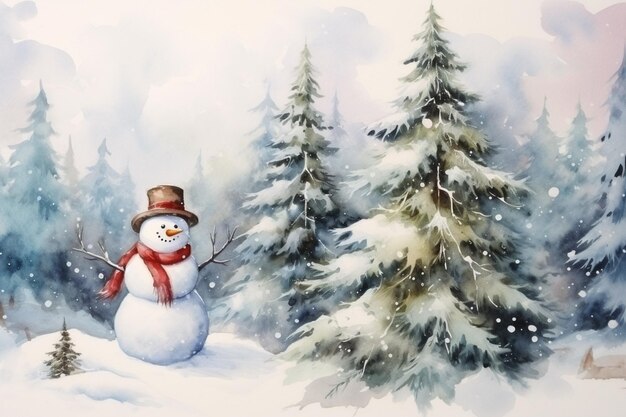 Gemälde eines Schneemannes in einem schneebedeckten Wald mit Bäumen
