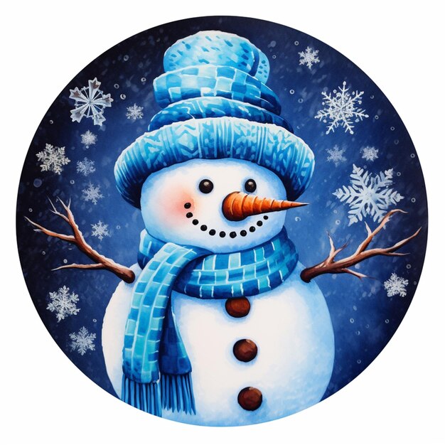 Gemälde eines Schneemannes mit blauem Hut und Schal generativ ai