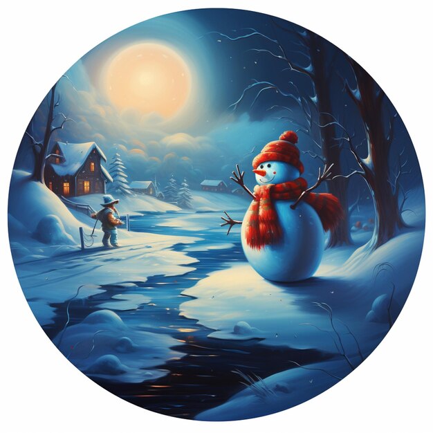 Gemälde eines Schneemannes mit rotem Hut und Schal in einer schneebedeckten Landschaft generativ ai