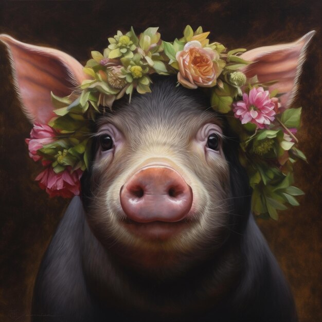 Foto gemälde eines schweins mit blumen im kopf generativ ai